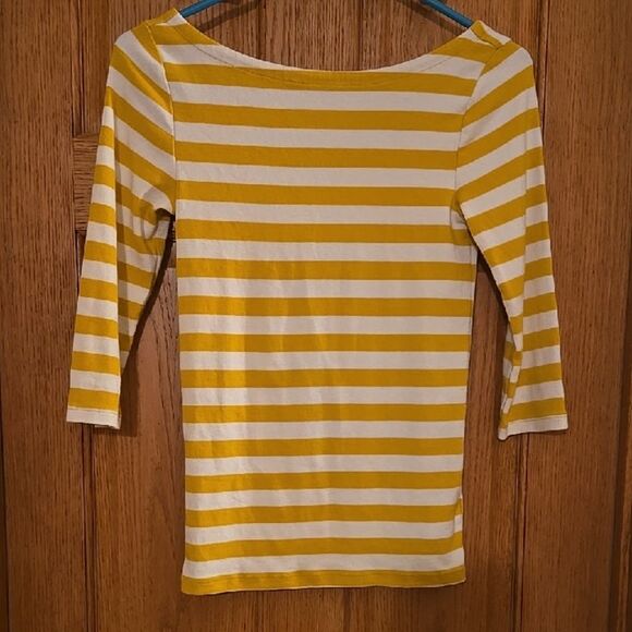 GAP Mustard White Striped Blouse Dip Back 3 / 4 Sleeve Nautical Womens Xs - Picture 1 of 11